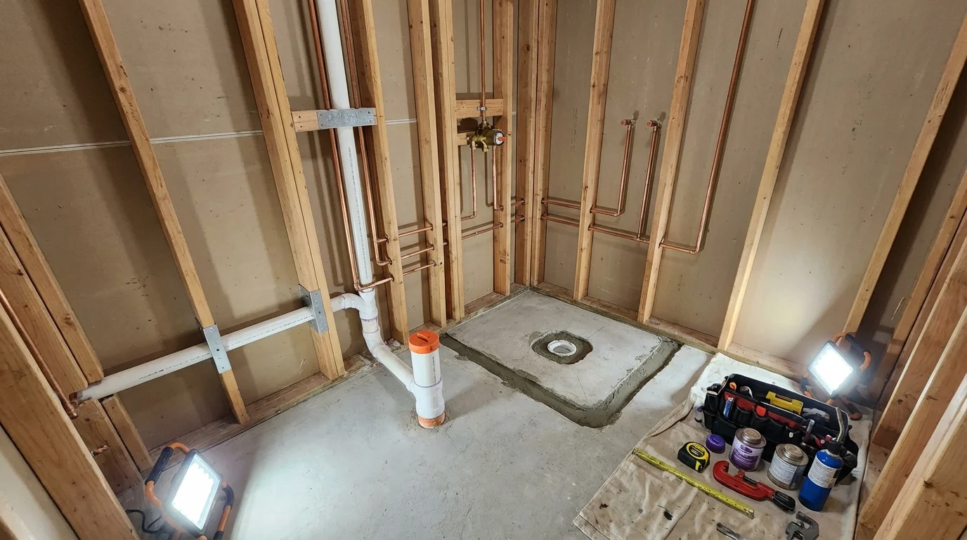 Bathroom rough-in plumbing during remodel by Johns Plumbing LLC in Vevay