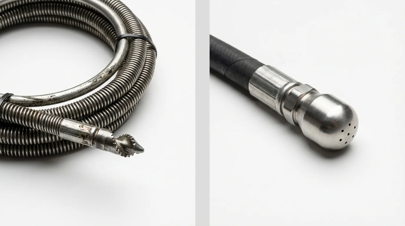 Drain snake cable and hydro jetting nozzle used for drain cleaning in Vevay, IN