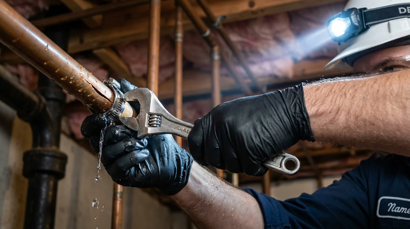 Emergency pipe clamp repair being performed by a Johns Plumbing LLC plumber in Vevay