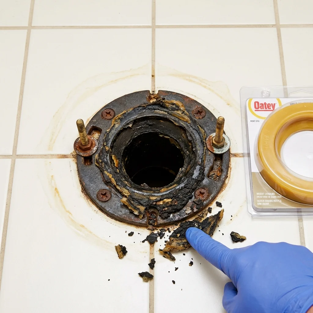Failed wax ring showing water seepage at the base of a toilet in a Vevay, IN home